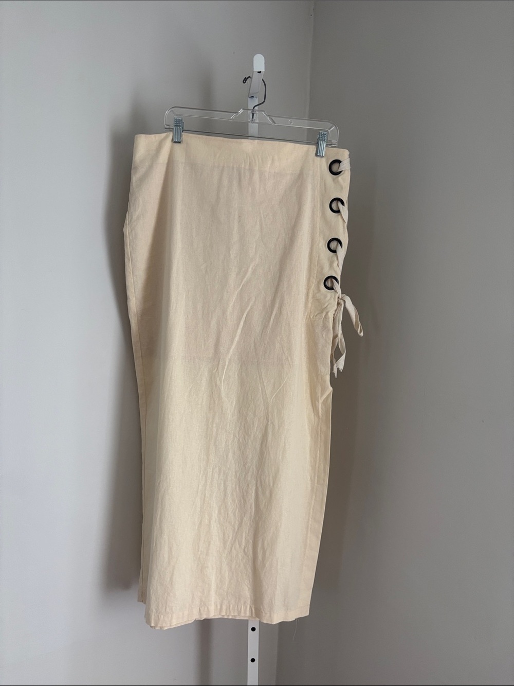 VENUS Cream Linen Blend Midi Skirt with Side Grommet Tie Side Slit Women’s Sz 14